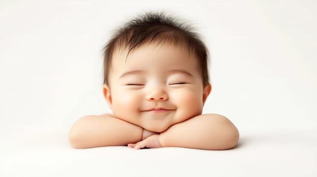 A cheerful baby smiles broadly with arms resting on the surface, creating an adorable and heartwarming atmosphere.