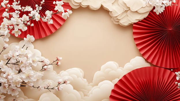 A beautifully arranged backdrop with red fans, delicate cherry blossoms, and soft clouds creates an elegant and serene atmosphere.