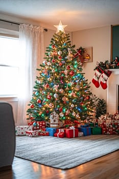 The festive atmosphere features a decorated Christmas tree, twinkling lights, and a pile of wrapped presents, creating a joyful holiday setting.