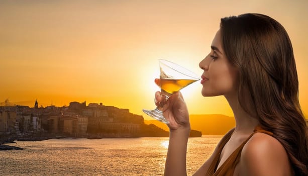 gorgeous young woman drinking tequila cocktail, AI generated image