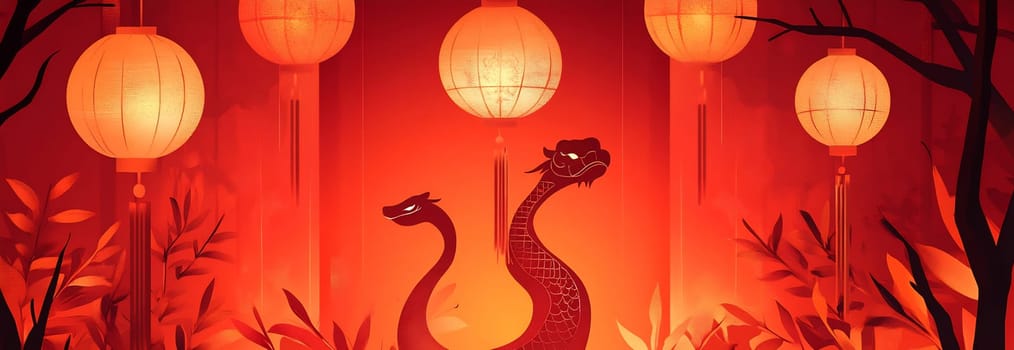 Twilight reveals serpent figures gracefully positioned amidst glowing lanterns and lush foliage during a vibrant celebration.
