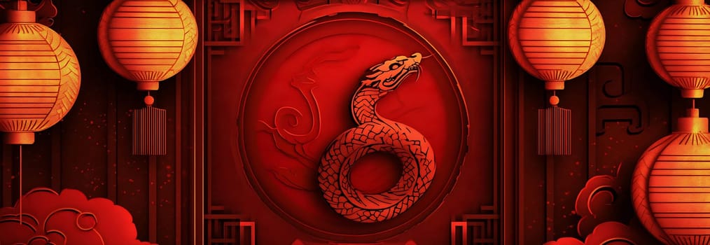A striking dragon emblem surrounded by glowing lanterns in a rich red background, creating a festive atmosphere for the celebration.