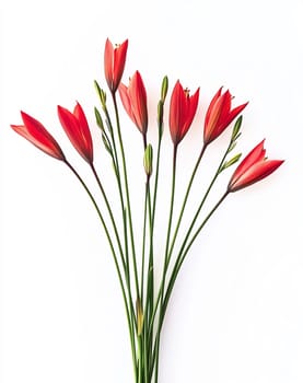A vibrant group of fresh red flowers stands tall against a clean white background, highlighting their beauty and grace.