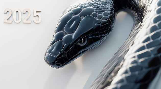 The black snake elegantly curls around itself, drawing attention with its shiny scales and the bold year 2025 contrasting beside it.
