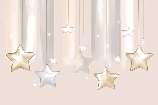Hanging metallic stars in silver and gold create a whimsical atmosphere, perfect for celebrations or elegant occasions in soft lighting.