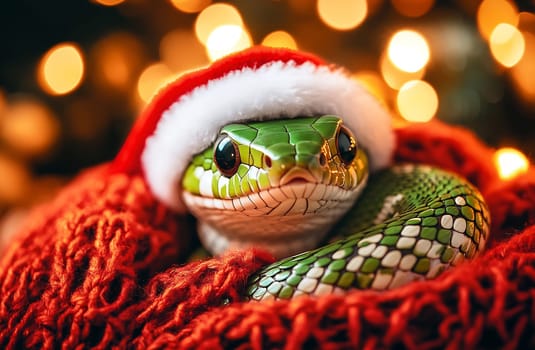 A green snake, adorned with a Santa hat, is comfortably curled up in a soft red blanket, illuminated by festive lights.