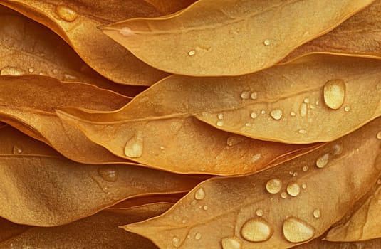 Golden leaves with droplets of water rest atop each other, showcasing a rich texture in soft, natural light.