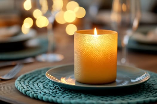 A warm candle flickers at the center of a beautifully set dinner table, creating a cozy and inviting atmosphere for a gathering.