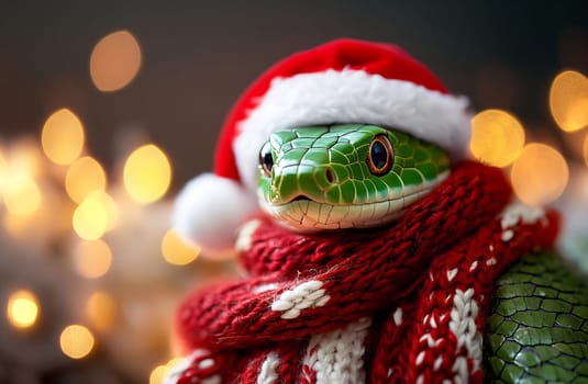 A green snake dressed in a Santa hat and red scarf is posed with glowing holiday lights in the background, creating a festive atmosphere.