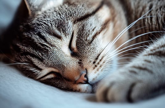 A tabby cat is curled up and peacefully napping on a soft surface, enjoying the tranquility of the afternoon.