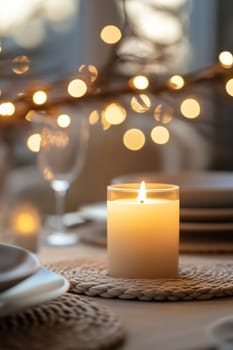 Set a tranquil ambiance with a softly glowing candle and twinkling lights, creating a warm and inviting atmosphere for dinner.