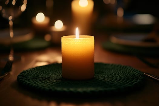 A flickering candle illuminates a dinner table, casting a warm glow in a cozy nighttime setting, enhancing the inviting atmosphere.