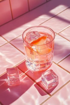 A glass filled with a fruity drink and ice cubes rests on reflective pink tiles, illuminated by warm sunlight.