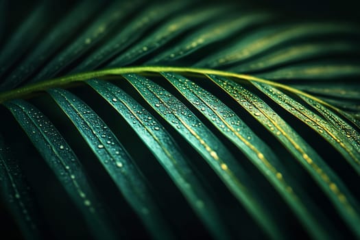 A vibrant palm leaf glistens with droplets, showcasing rich green hues in a humid tropical environment following a rain shower.