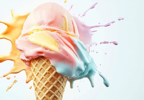 A vibrant ice cream cone displays multiple flavors, with colorful splashes surrounding it, showcasing a fun, lively atmosphere.