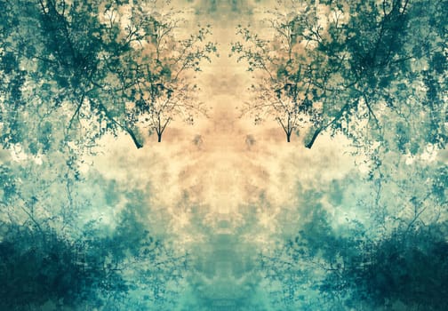 Shadows of trees create a calming reflection of soft colors at dusk in a tranquil forest setting.