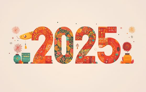 The bright display of the year 2025 features intricate designs and festive symbols, capturing the spirit of New Year celebrations.