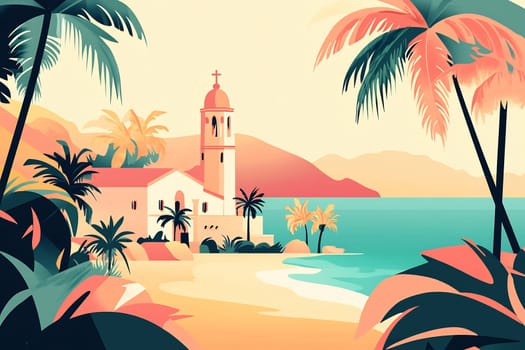 The view features a tranquil beach with a quaint church, surrounded by palm trees and gentle waves, under a colorful sunset sky.
