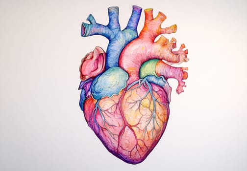 This vibrant heart illustration showcases intricate vascular details and anatomy in a striking array of colors.