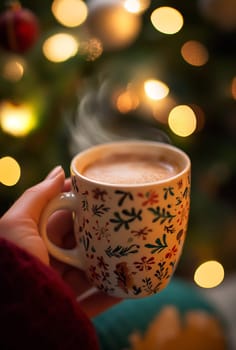 Holding a steaming cup of hot chocolate surrounded by twinkling lights of a festive Christmas tree adds warmth to a chilly evening.