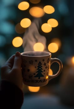 A hand holds a steaming mug while colorful holiday lights glow softly in the background, creating a warm atmosphere.