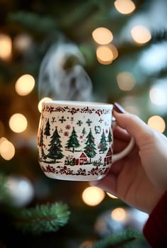 A hand holds a decorative mug with steam rising, surrounded by the glow of a beautifully lit Christmas tree.