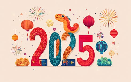 The artwork highlights the Year of the Serpent in 2025, decorated with bright colors, lanterns, and celebratory symbols.