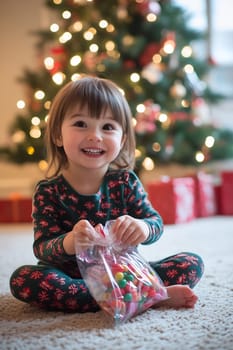 A delighted young child sits on the floor, holding a bag of candy, surrounded by a beautifully decorated Christmas tree and gifts.