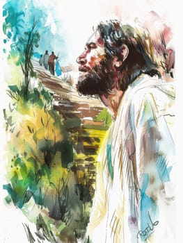 Life of Jesus Christ,depicted in a watercolor style. AI generative.