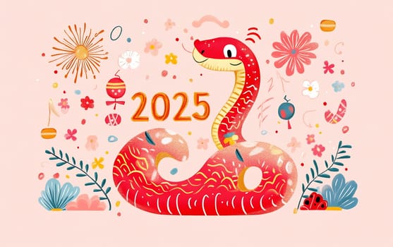 A vibrant design featuring a red snake and floral elements to mark the upcoming Year of the Snake in 2025.