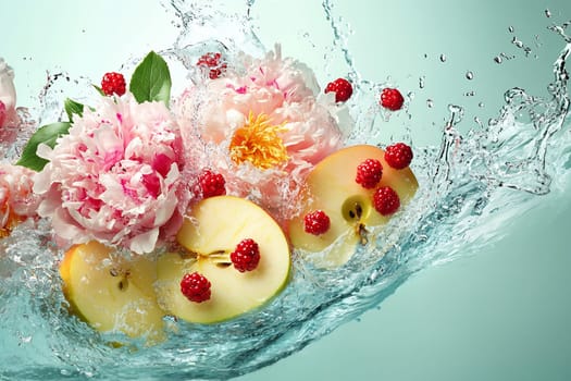 Juicy green apples, roses, and raspberries collide with water, creating dynamic splashes and a vivid, refreshing visual spectacle.