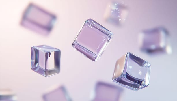 Transparent glass cubes hover gracefully against a calming purple backdrop, evoking a sense of tranquility and elegance.
