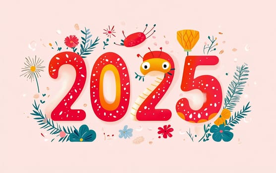 A playful representation of the year 2025 adorned with flowers, a caterpillar, and cheerful colors, creating a lively atmosphere.