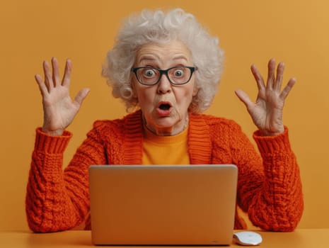 An elderly woman using a laptop computer AI generative.