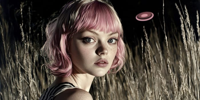 Paint oil colors eye-catching hyper-detailed realism fantastic retro-futuristic portrait of straight short cut and bangs magenta hair slight sulky young albino woman 70's glamorous clothing on background dressed, portrait of famous people Dakota Fanning, the woman is standing in the middle of a striped black and electric cobalt grass field michael sewa edward hopper style, fuchsia moon, ufo disk flying in the starry black night sky, Bo Bartlett, Tom Bagshaw --chaos 30 --ar 2:1 --style raw --stylize 300 --v 6.1 Job ID: 97565b00-6abc-4cf0-bc22-e724397412d5