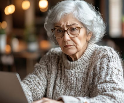 An elderly woman using a laptop computer AI generative.