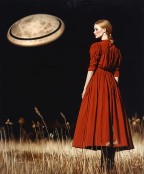Paint oil colors eye-catching hyper-detailed realism fantastic retro-futuristic portrait of straight short cut and bangs magenta hair slight sulky young albino woman 70's glamorous clothing on background dressed, portrait of famous people Dakota Fanning, the woman is standing in the middle of a striped black and electric cobalt grass field michael sewa edward hopper style, fuchsia moon, ufo disk flying in the starry black night sky, Bo Bartlett, Tom Bagshaw --chaos 30 --ar 5:6 --style raw --stylize 300 --v 6.1 Job ID: a9993c66-a860-4c1f-8c99-61ed3e53cf2d