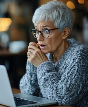 An elderly woman using a laptop computer AI generative.