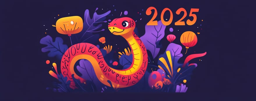 A whimsical snake coiled among bright plants, celebrating the 2025 lunar new year with lively and colorful decorations.