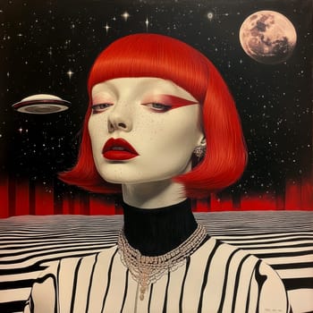 Paint oil colors eye-catching hyper-detailed realism fantastic retro-futuristic portrait of straight short cut and bangs magenta hair slight sulky young albino woman 70's glamorous clothing on background dressed, portrait of famous people Dakota Fanning, the woman is standing in the middle of a striped black and electric cobalt grass field michael sewa edward hopper style, fuchsia moon, ufo disk flying in the starry black night sky, Bo Bartlett, Tom Bagshaw --chaos 30 --style raw --stylize 300 --v 6.1 Job ID: 051587f6-3fa5-49bf-97b6-0248e08b580d