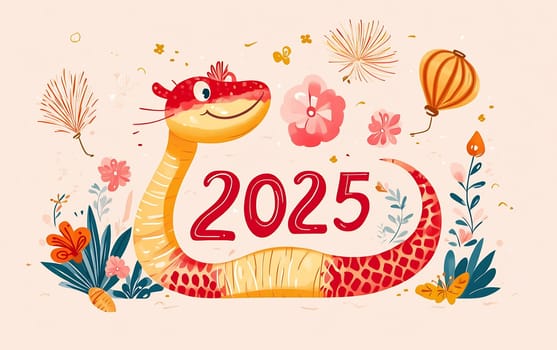 A cheerful snake character adorned with flowers and balloons joyfully celebrates the arrival of 2025 in a whimsical design.