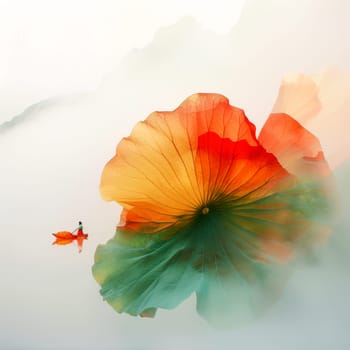 Lotus leaf, water reflection, perspective aesthetics, soft gradient colors, red and yellow, minimalist image from ancient China. AI generative.
