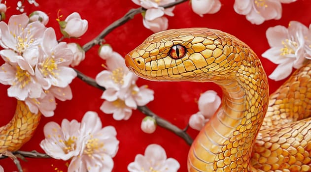 A golden snake rests among blooming cherry blossoms, contrasting beautifully against a bright red backdrop in spring.