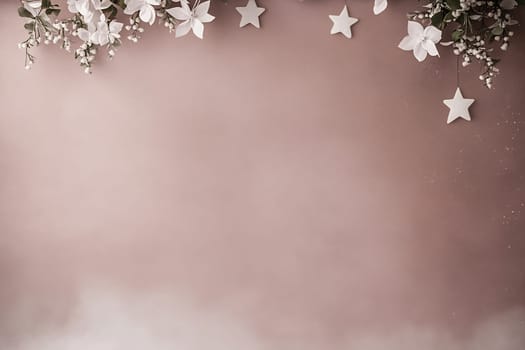Elegant white flowers and stars hang gracefully against a soft, muted background, creating a tranquil ambiance ideal for events.