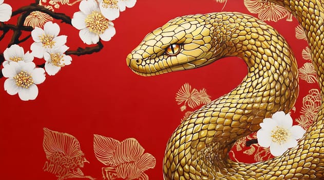 A golden snake winds elegantly near delicate white flowers on a striking red backdrop, highlighting its detailed textures and beauty.