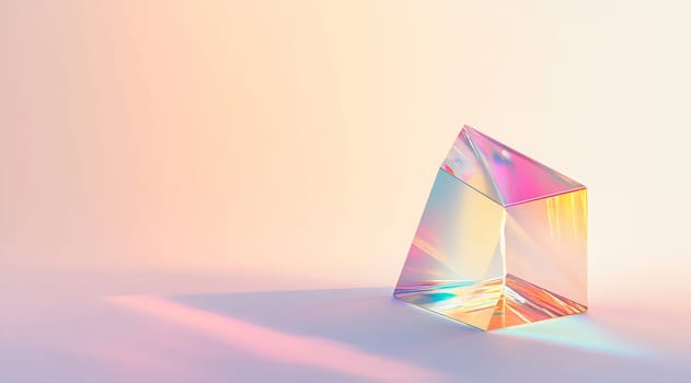 The crystal prism reflects various colors onto a flat surface as gentle light fills the area, creating a vibrant visual effect.