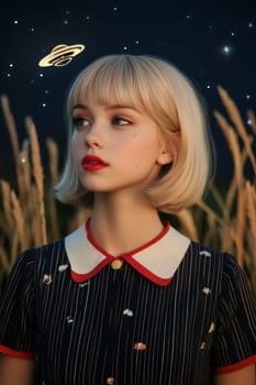 Paint oil colors eye-catching hyper-detailed realism fantastic retro-futuristic portrait of straight short cut and bangs magenta hair slight sulky young albino woman 70's glamorous clothing on background dressed, portrait of famous people Dakota Fanning, the woman is standing in the middle of a striped black and electric cobalt grass field michael sewa edward hopper style, fuchsia moon, ufo disk flying in the starry black night sky, Bo Bartlett, Tom Bagshaw --chaos 30 --ar 2:3 --style raw --stylize 300 --v 6.1 Job ID: 051e910d-ddef-4e95-89e6-d9139821e77c
