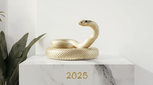 The shimmering golden snake sits serenely on a marble pedestal, reflecting light in a bright space, with lush plants nearby.