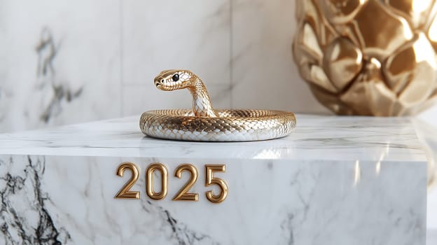 This golden snake sculpture is elegantly coiled on a marble surface with the year 2025 displayed, adding a touch of sophistication to the decor.