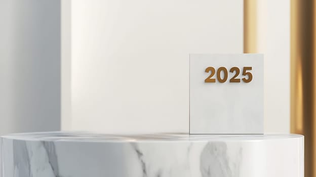 A sleek marble pedestal showcases the year 2025 in a stylish, contemporary setting, ideal for year-themed decoration.